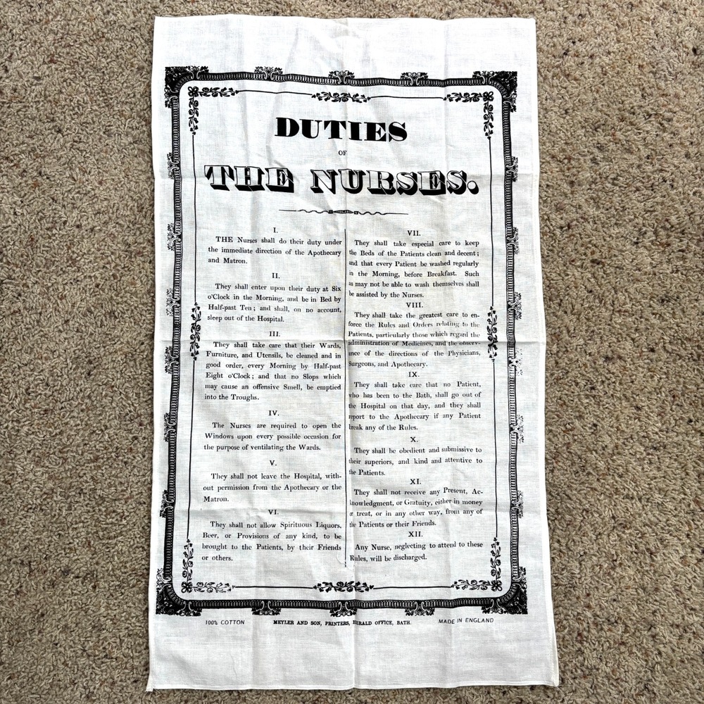 Vintage Duties of the Nurses White Fabric Document ~18x30.5" Medical Nursing SEE